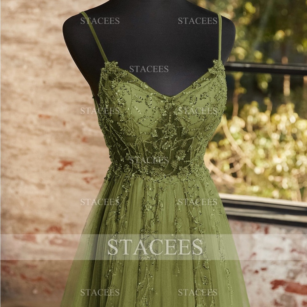 Stunning, olive green prom dress with sheer lace detailing